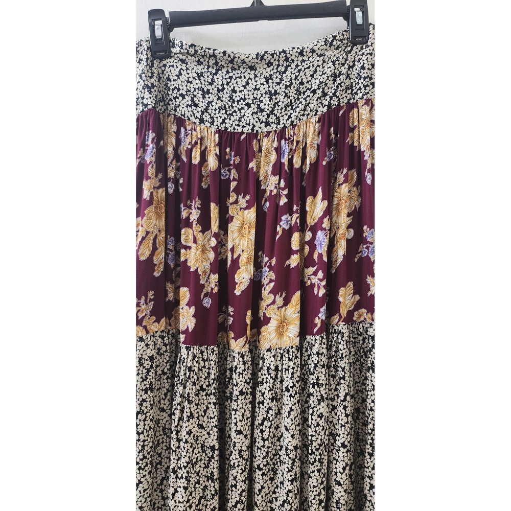Natural Life Mixed Floral Tiered Maxi Skirt Boho Smocked Rayon Burgundy Medium - Picture 3 of 7